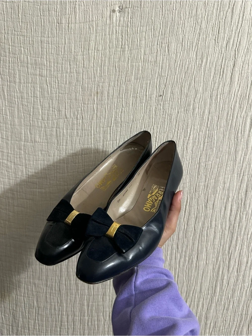 Salvatore Ferragamo Navy Bow Leather Flats with Gold Accent
